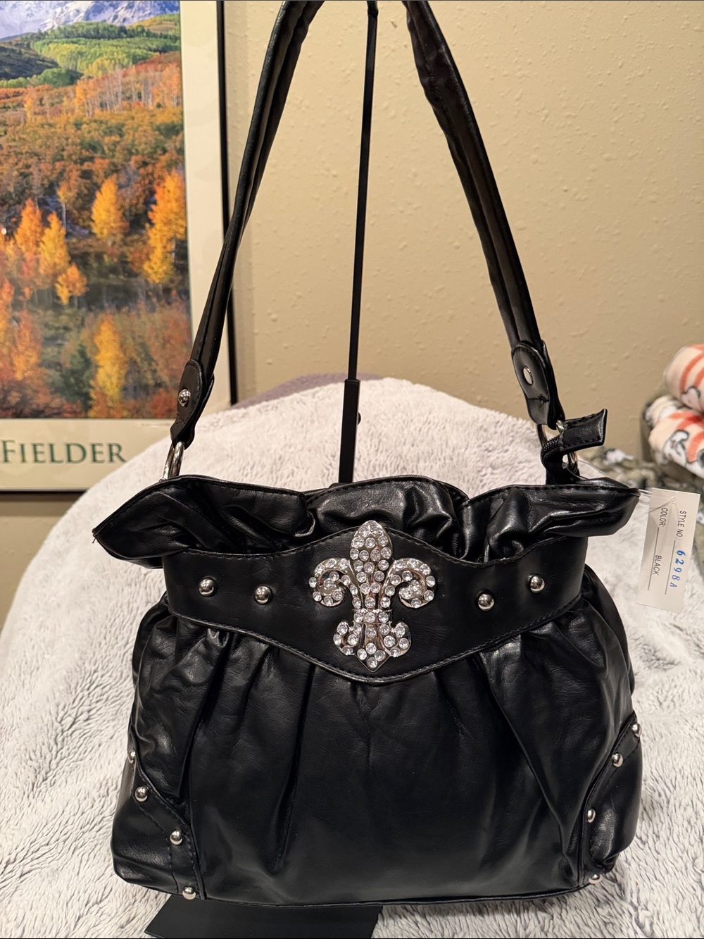 Black Fleur-de-Lis Shoulder Vegan Bag